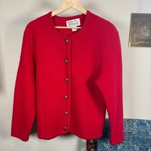 Tally-Ho Vintage 100% Boiled Wool Red Cardigan Scalloped Gold Crest Button Small